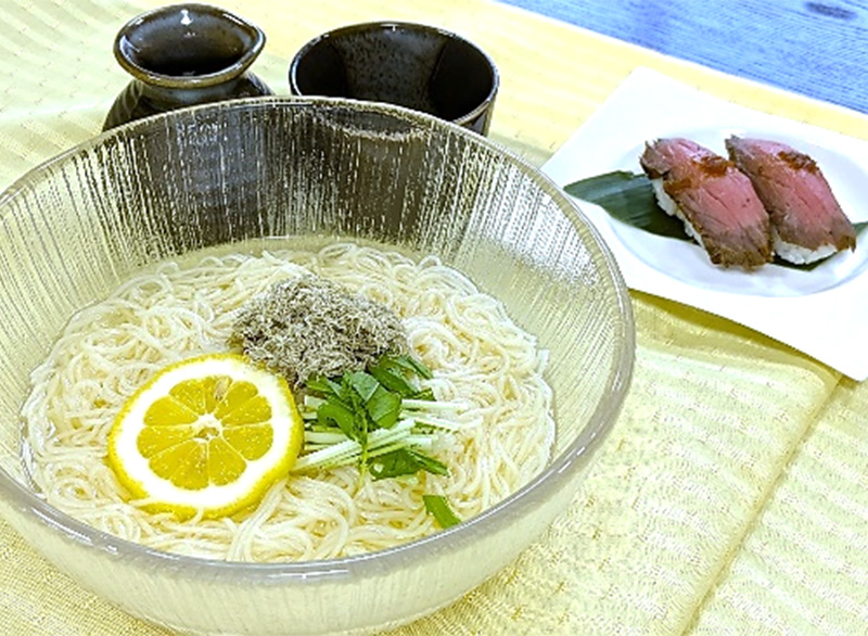 昆布水そうめんと那須野が原牛のロービー寿司